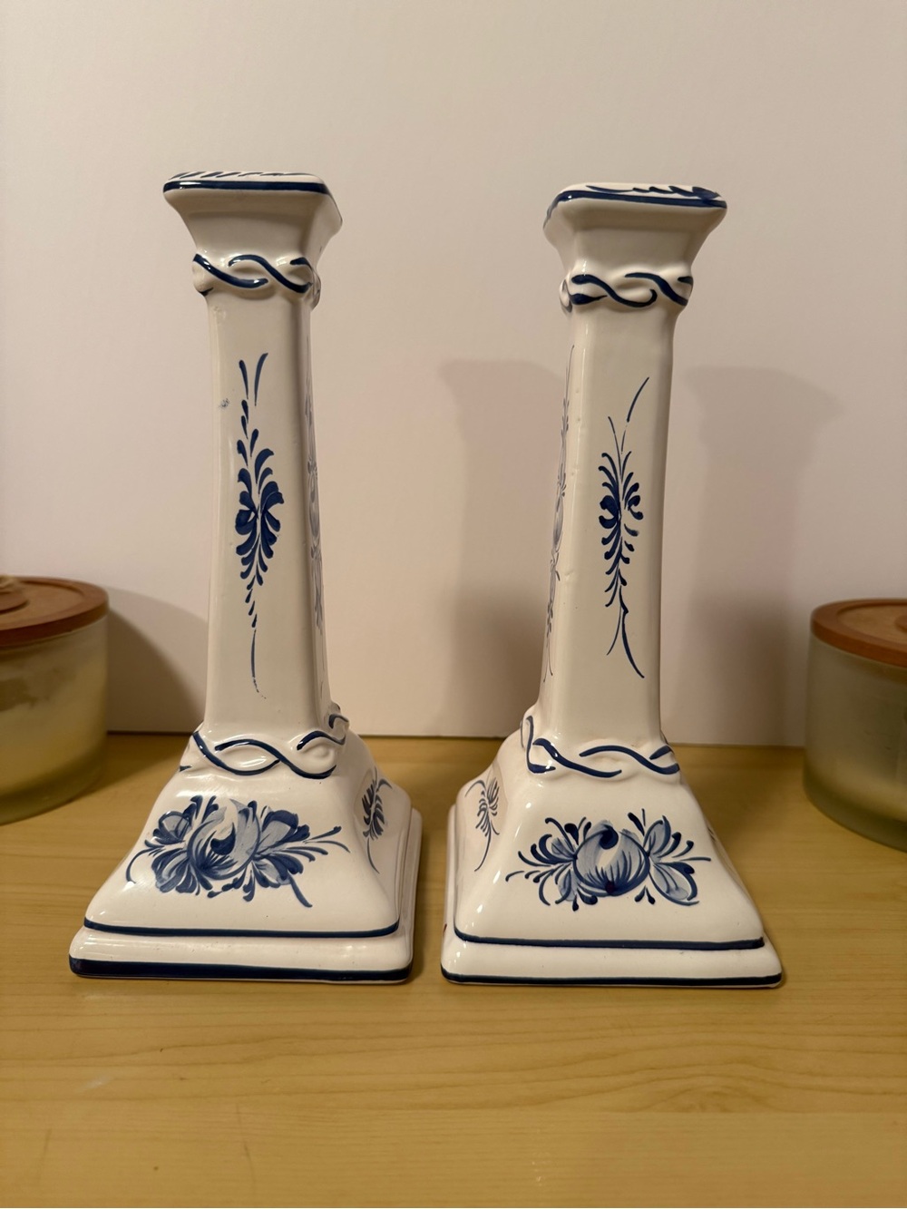 Blue and White Ceramic Candlestick Pair - Unbranded